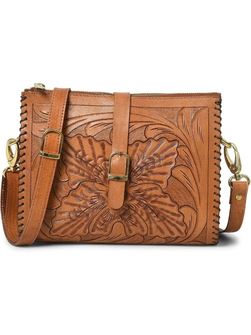 Stylish Western Leather Crossbody Sling Bag with Floral Carving - Perfect